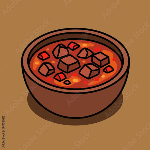 A bowl of chili with chunks.