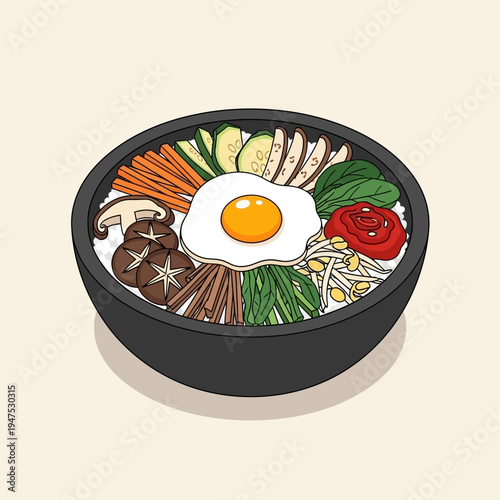 Delicious Korean stone pot bibimbap meal.