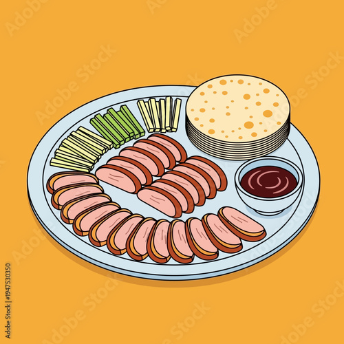A plate of sliced sausage with vegetables and sauce.