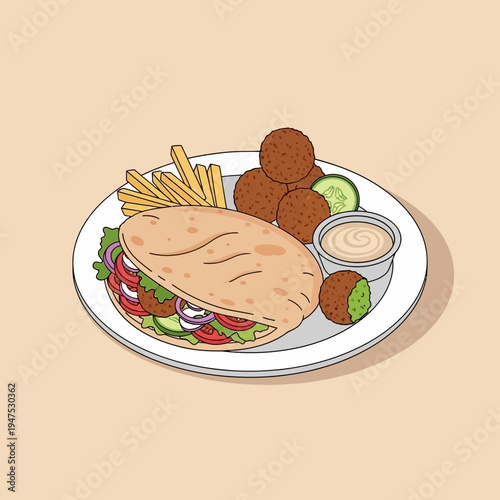 A plate of falafel, pita bread, fries, and dipping sauce, a delicious meal.