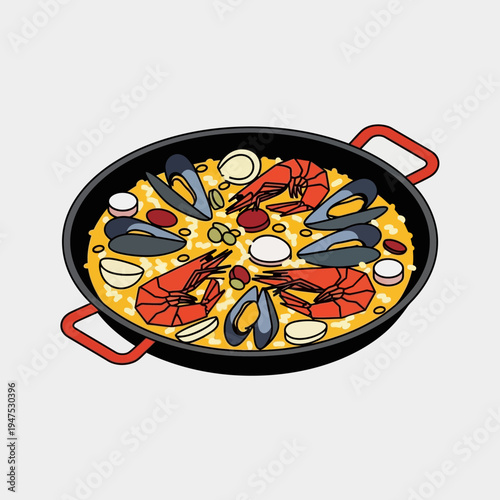 A vibrant illustration of a seafood paella dish, showcasing various ingredients in a pan.