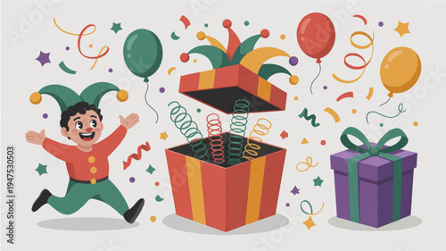 Jester jumping with joy celebrating a surprise party with gifts and confetti