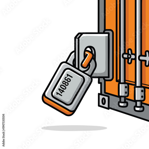 Close-up of a locked shipping container door with a numbered seal