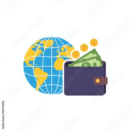 Globe beside a wallet filled with cash and falling coins
