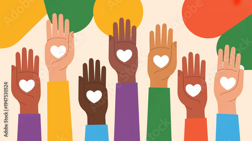 Diverse hands with hearts unity and love concept colorful illustration symbol of support and solidarity heartwarming gesture multicultural community