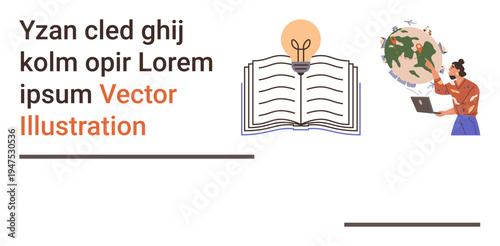 Digital learning, global education, online resources, creativity, innovation, remote work. Open book with light bulb, person interacting with laptop and globe. Education and global education concept