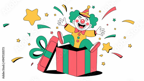 Surprised clown emerges from colorful gift box with confetti and stars joyful celebration
