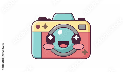 Cute smiling cartoon camera mascot icon colorful photography character vector illustration
