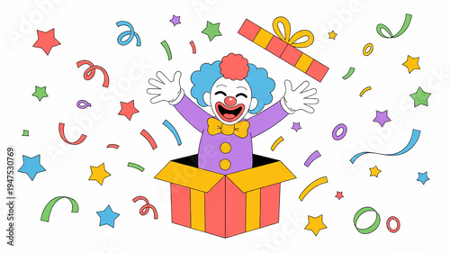 A joyful clown emerges from a gift box surrounded by colorful confetti and stars celebrating a festive surprise party