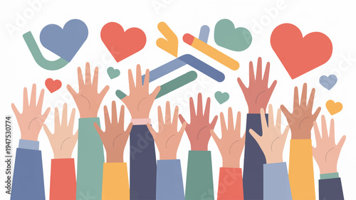 Diverse hands reaching up with colorful hearts and shapes floating above symbolizing community love and support