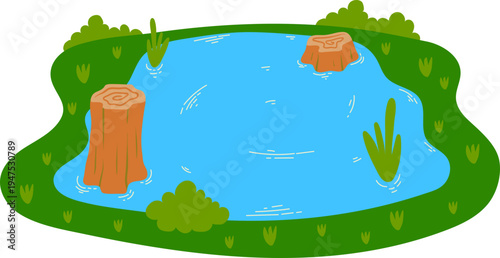 Kolam Taman Kecil Dengan Rumput Dan Kayu