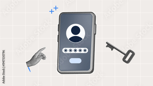 halftone collage, mobile login security with smartphone password, user icon, and key. for account authentication, cybersecurity, data access, and secure login system