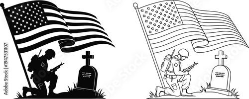 Memorial day patriotic american flag soldier cemetery Vector