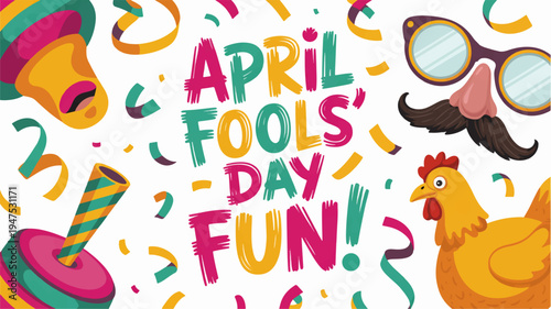 Colorful april fools' day celebration with festive confetti party horn funny accessories and chicken