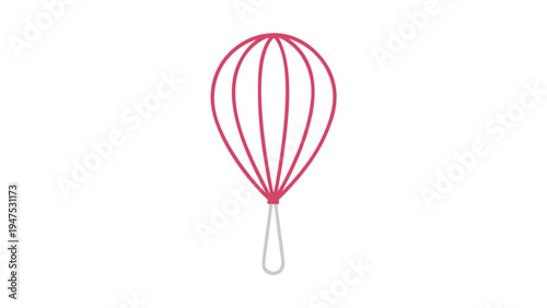A simple minimalist graphic of a pink wire whisk with a grey looped handle isolated on a plain white background for culinary and baking themes.