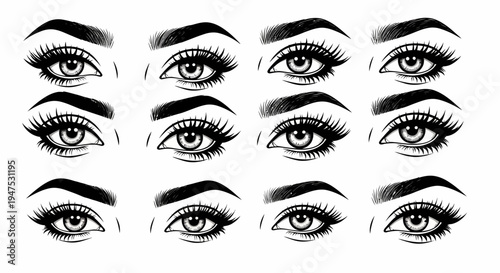 Collection of 12 different eyelid and eyebrow makeup illustrations