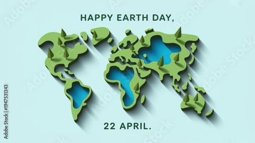 Earth day 3d world map illustration on light blue background with green continents