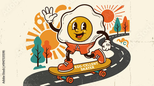 Retro Cartoon Fried Egg Skater Illustration - Vintage Style Character Riding a Skateboard on a Sunny Road with Egg-cellent Skater Text Pun