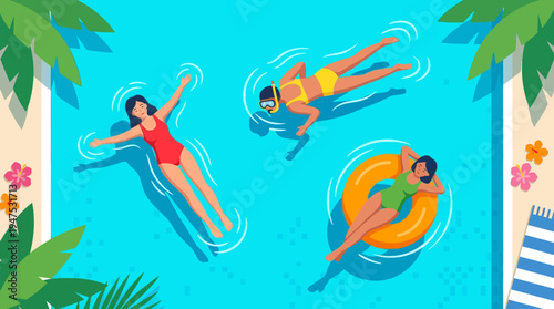 Top View Illustration of Three Women Relaxing and Swimming in a Tropical Blue Pool During Summer Vacation