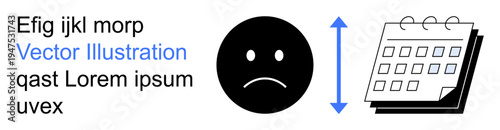 Time management, emotions, scheduling, anticipation, deadlines, productivity. Sad face icon next to a calendar with a vertical arrow. Time management and emotions concept