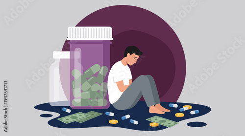 Concept of High Healthcare Costs and Pharmaceutical Addiction Featuring a Depressed Man Sitting by Large Pill Bottles with Scattered Money and Medicine Illustration
