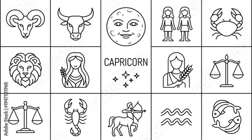 Minimalist Zodiac Sign Line Art Icons Set, Astrology Horoscope Symbols and Celestial Moon Face Illustrations for Graphic Design
