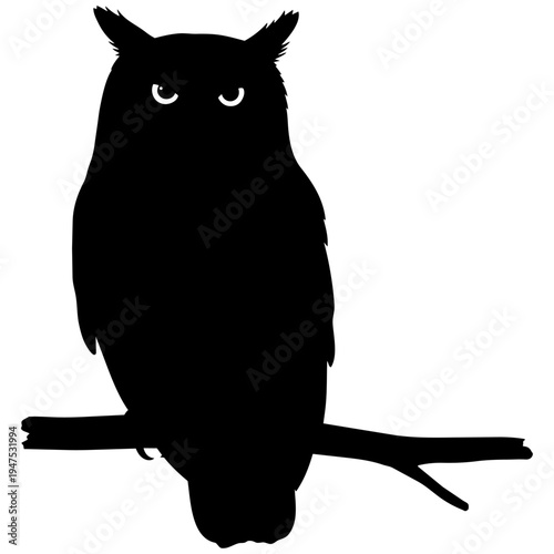A black silhouette of an owl perched on a branch isolated on transparent background, Vector