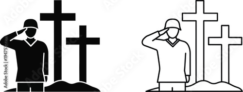Memorial and salute to fallen soldier with cross grave Vector