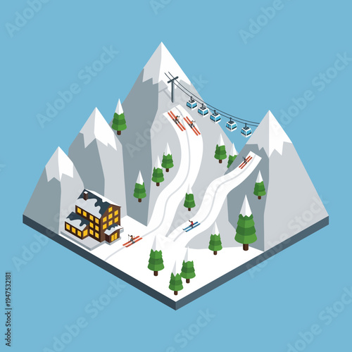 Isometric illustration of a snowy mountain with ski slopes, a lodge, and a ski lift.