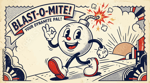 Vintage Rubber Hose Style Cartoon Illustration of a Smiling Bomb Mascot Character Named Blast-O-Mite, Retro Advertising Poster