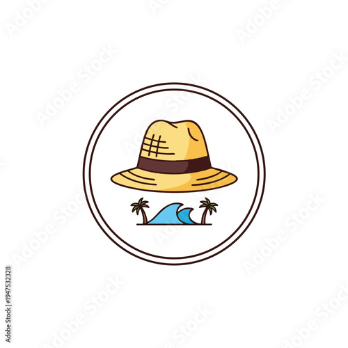 Yellow straw hat with band, two palm trees and blue waves inside a circle