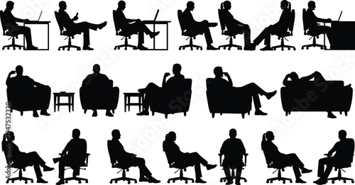 Business people silhouettes working at desks and relaxing on chairs and sofas, corporate workplace poses vector illustration collection