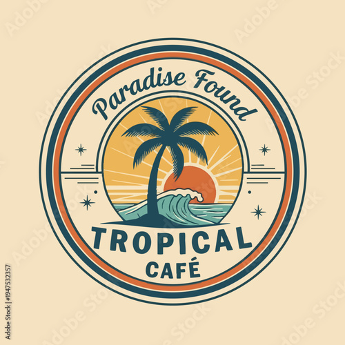 Retro circular emblem with palm tree, ocean wave, sunset, and text