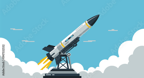 Illustration of a rocket launching from a platform into a blue sky with clouds, representing technology and progress.