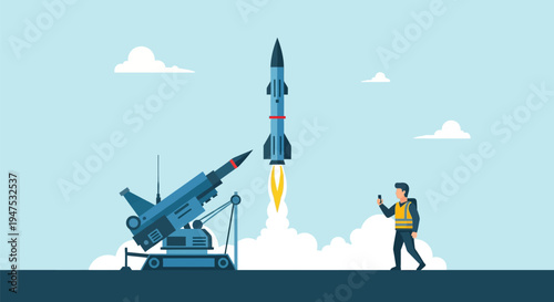 Military missile launch from launcher with operator in safety vest watching on phone, blue sky background