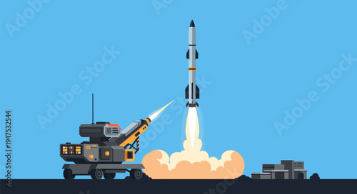 Modern missile launcher firing a rocket into the blue sky with smoke and flames, military technology concept