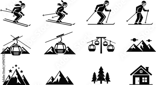 Black silhouette icons of skiing, gondola lifts, mountain ranges, pine trees, and cabins, ideal for winter sports, outdoor, or travel design themes.