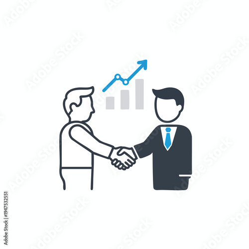 Two men in suits shake hands as a graph shows growth