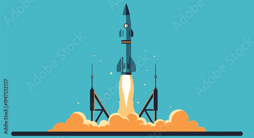 Flat design illustration of a rocket launching into space with fiery exhaust and smoke against a teal background