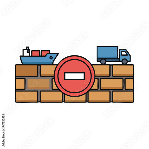 Cargo ship & truck blocked by brick wall with red prohibition sign