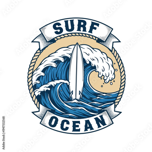 Circular emblem with a surfboard on a wave, framed by rope