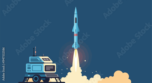 Futuristic rocket launch with a robotic launchpad against a deep blue sky, symbolizing space exploration and technological advancement.
