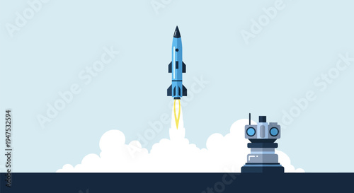 Blue rocket launching from a platform with smoke and clouds against a light blue sky