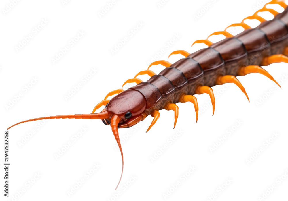 Fototapeta premium extreme macro detail of a mahogany brown scolopendra centipede with vibrant orange legs and antennae extended, captured dynamically on a transparent background, clinical biological specimen concept