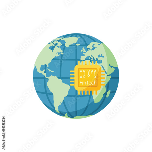 A yellow microchip labeled "FinTech" sits on a blue and green globe