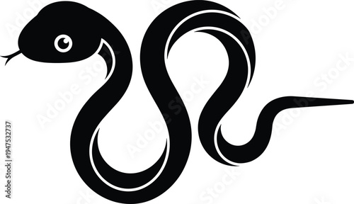 Black silhouette of a stylized snake with curved body and flicking tongue isolated on white background for logo and vector design.