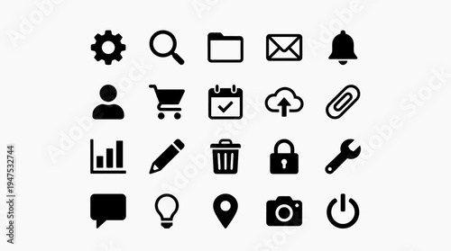 Set of 20 Minimalist Black Web and Mobile App User Interface Icons on White Background, Flat Vector Symbols for UI UX Design