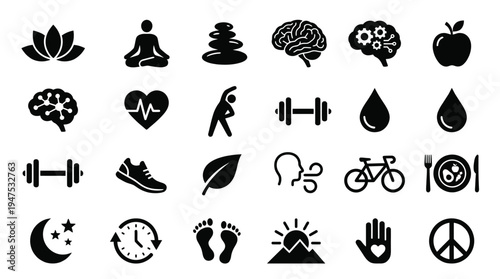 Health and Wellness Icons Set: Symbols for Fitness, Mindfulness, Nutrition, Mental Health, and Balanced Lifestyle in Minimalist Silhouette Style