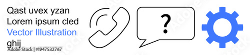 Customer support, technical assistance, troubleshooting, communication, technology, problem-solving. Black phone icon, question mark speech bubble blue gear. Customer support and technical