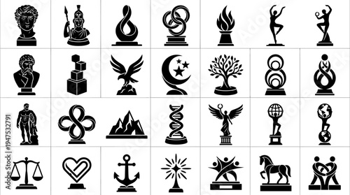 Collection of Black Silhouette Trophy and Award Icons, Classic Greek Statues, Abstract Symbols, and Achievement Illustrations on White Background